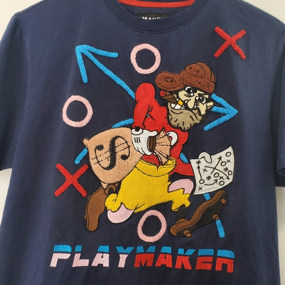 MAKOBI M157 Playmaker Tee Navy Blue Embroidered Big Graphic Shirt - Picture 2 of 8